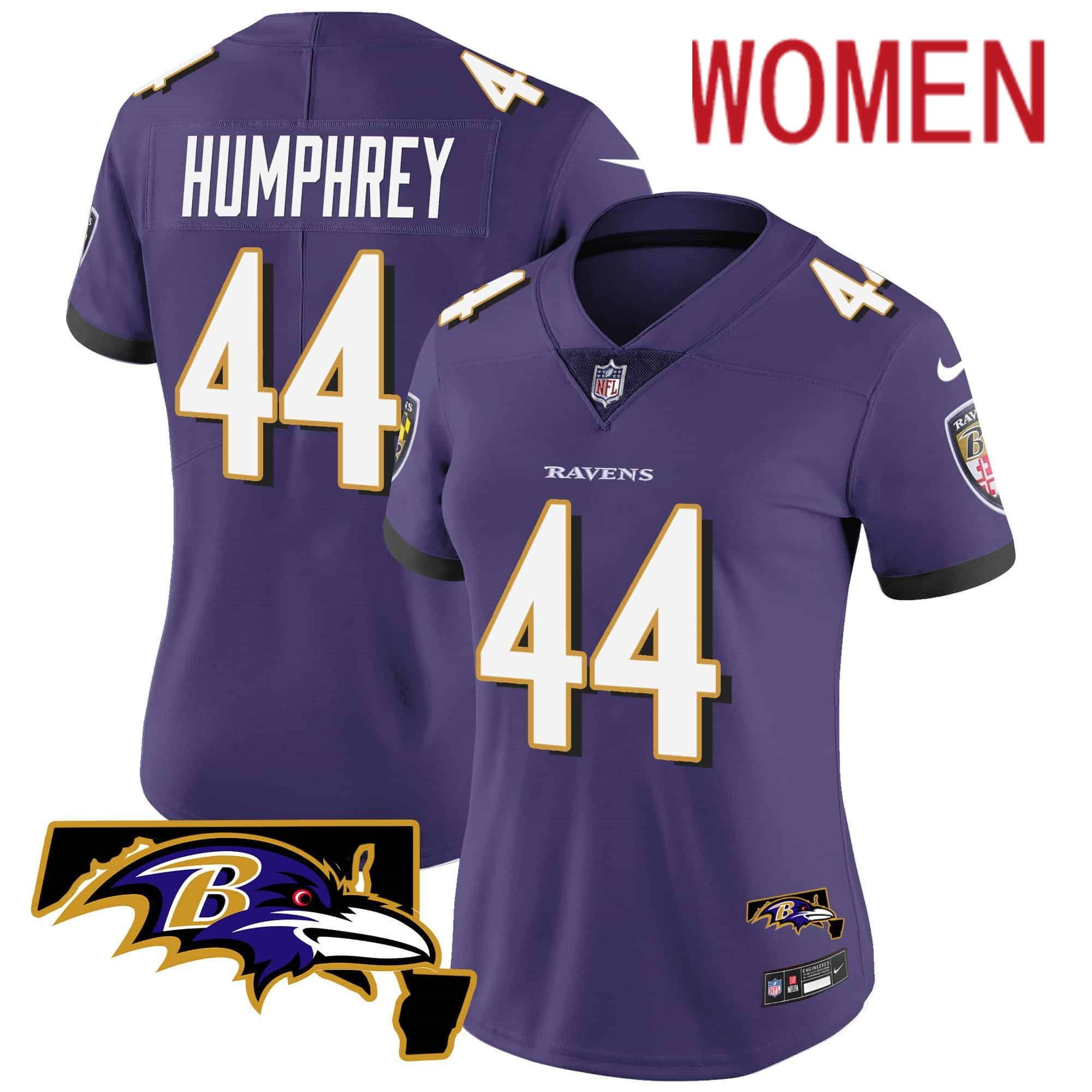 Women Baltimore Ravens 44 Humphrey Purple 2024 Nike Maryland Patch Vapor Limited NFL Jersey style 1